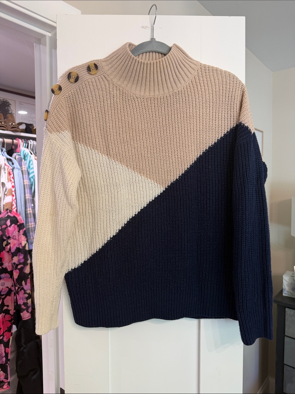 Striped Diagonal Colorblock Mock Neck Sweater - Navy, Cream & Beige